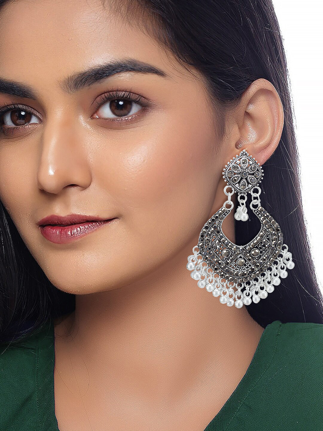 Silver Oxidised Chandbali Jhumka Earrings