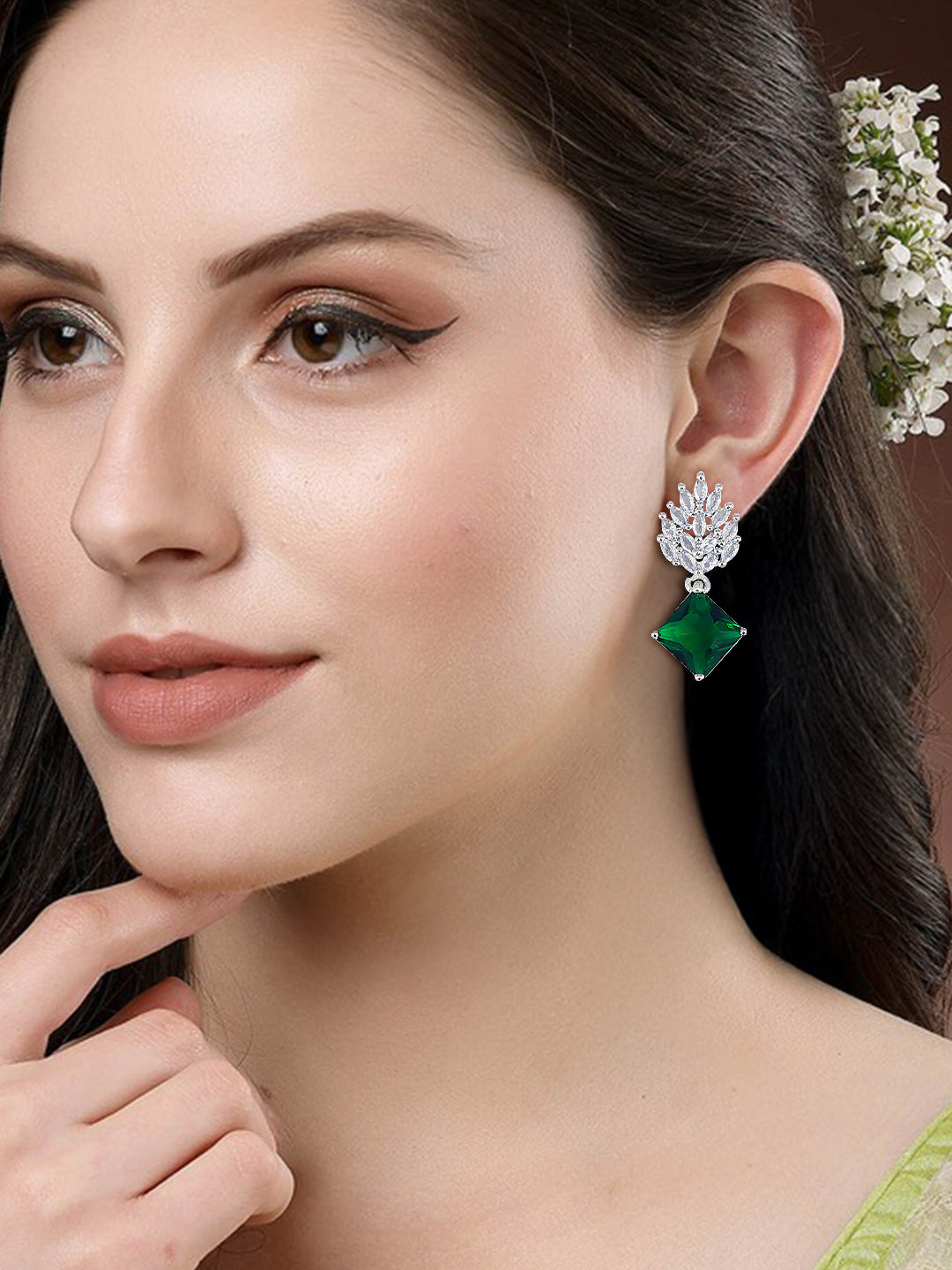 Rhodium Plated Green AD Trendy Drop Earrings