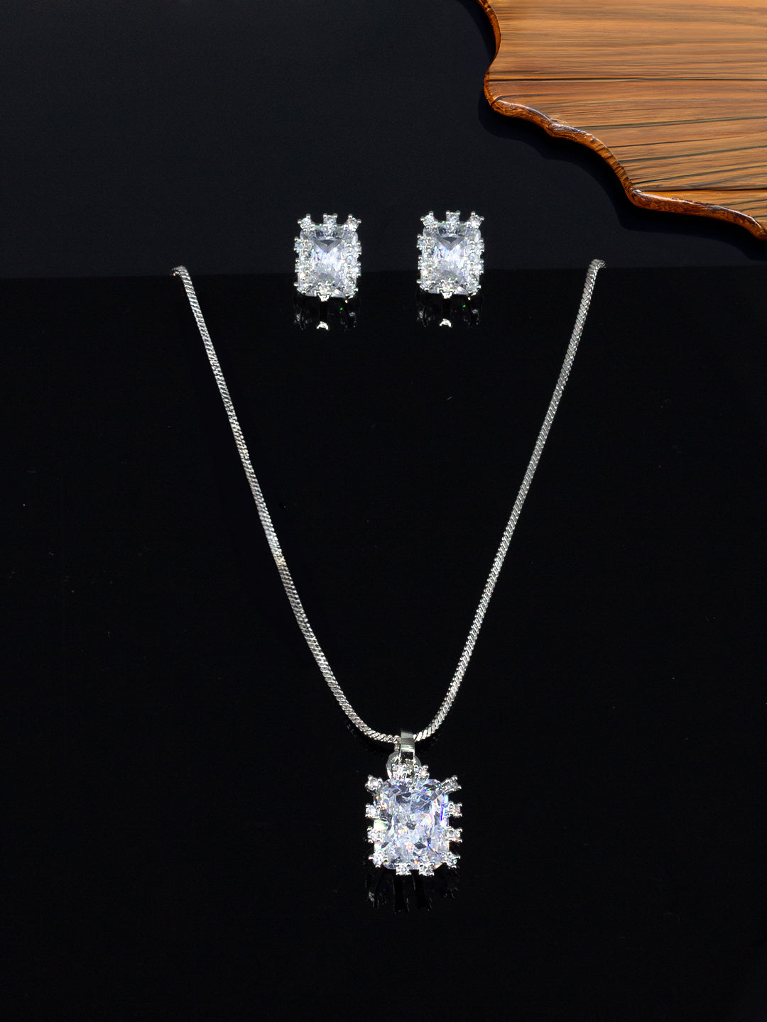 Rhodium Plated Square American Diamond Pendant Set