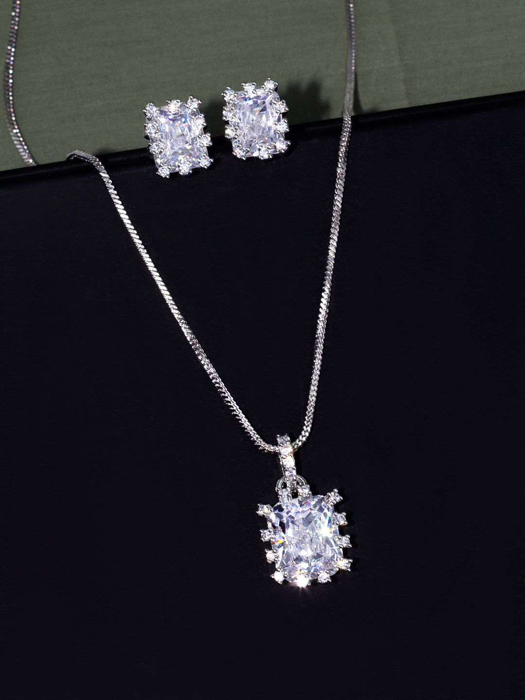 Rhodium Plated Square American Diamond Pendant Set