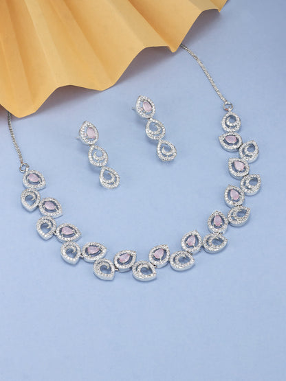 Rhodium-Plated Pink American Diamond Studded Jewellery Set