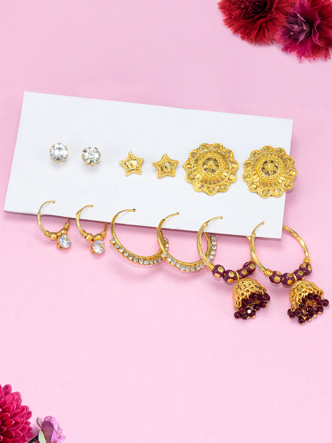 Pack of 6 Gold Plated Hoop & Studs Earrings