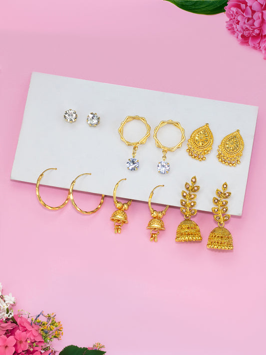 Pack of 6 Gold Plated Hoop, Jhumkas & Studs Earrings