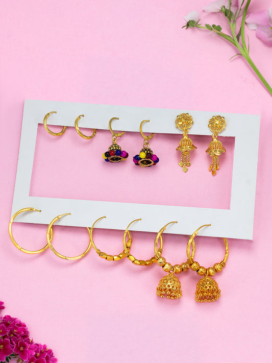 Pack of 6 Gold Plated Hoop, Jhumkas & Studs Earrings