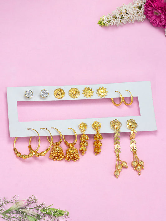 Pack of 8 Gold Plated Hoop, Jhumkas & Studs Earrings