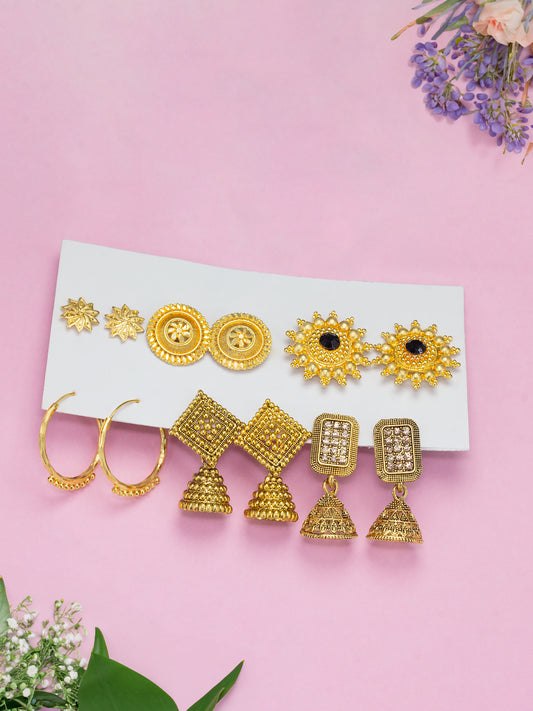 Pack of 6 Gold Plated Hoop, Jhumkas & Studs Earrings